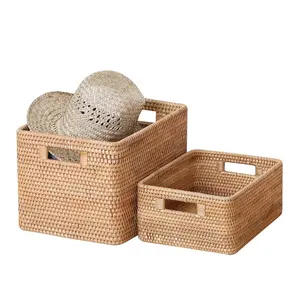 Cesta de armazenamento de rattan natural feita à mão, cestas de decoração tecido à mão para organização de mercearia