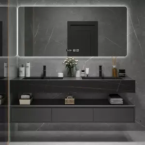 Tocador de baño con espejo LED, nuevo diseño, fabricación al por mayor, de lujo, comercial, doble lavabo