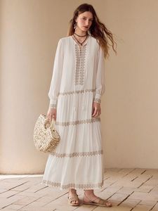 เดรสยาวทรงเอ แขนสั้น ผ้าฝ้ายสีขาวฟอก สไตล์ใหม่ ปี 2025 เอวธรรมชาติ ทอแบบลำลอง - Product Image 5