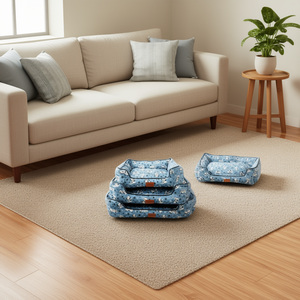 ชุดบ้านสุนัขผ้าลินินพิมพ์ลายสามชิ้น พื้นหลังสีน้ำเงิน สำหรับเตียงสัตว์เลี้ยง - Product Image 3