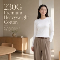 Kaos Wanita Lengan Panjang Katun Spandex 230G Tebal, Slim Fit, Elastis Tinggi, Bahu Reguler, Kaos Dalaman