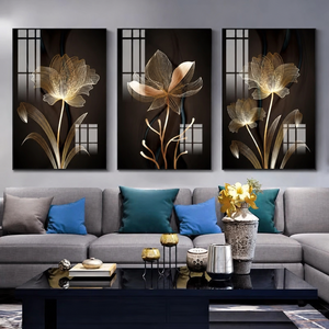 Ensemble d'art mural floral doré, 3 triptyques, en alliage d'aluminium, papier noir et or, <span class=keywords><strong>peinture</strong></span> florale abstraite, décoration de salon moderne de luxe - Product Image 1