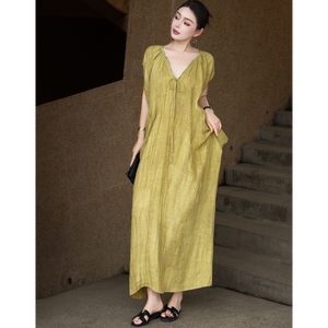 Vestido de Verano para Mujer, Estilo Vacacional, Cuello en V, Manga Corta, Elegante, Holgado, Largo, Mezcla de Lino y Poliéster, Estilo Swing, Casual - Product Image 3