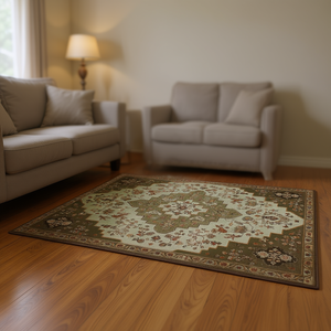 Tappeto Vintage Chic 8x10 Marrone Verde in Poliestere, Realizzato a Macchina, Antiscivolo, Rettangolare per Soggiorno, Camera da Letto, Sala da Pranzo - Product Image 2