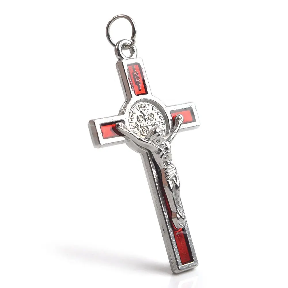 Croix catholique tique pour la fabrication de bijoux, 48x29mm, bleu rouge St benobian, Crucifix religieux pour collier, fabrication de bijoux