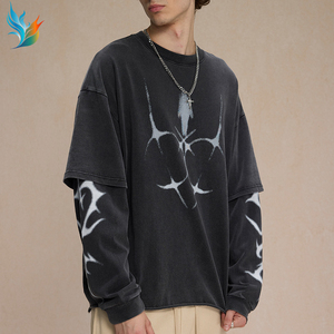 Sudadera de hombre personalizada Boxy Baggy Distressed Stone Acid Wash de doble capa de manga larga <span class=keywords><strong>Raw</strong></span> Hem - Product Image 2