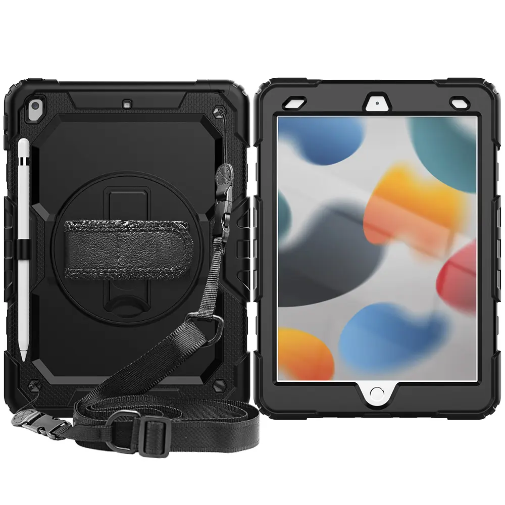 Kids Tablet Case for Ipad 7th/8th/9th Generation 360 Degree Rotating Silicone protective Case with shoulder and hand strap