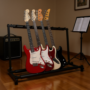 Supporto per chitarre Grack a 7 slot, pieghevole in metallo, per chitarre elettriche e acustiche, espositore da pavimento e portaoggetti - Product Image 2