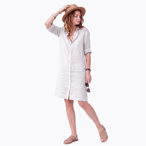 Vestido Camisero de Lino y Algodón de Verano para Mujer, Talla Grande, Largo Medio, con Botones, Manga Media, Cuello Solapa, Estilo Casual - Product Image 3
