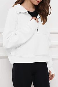 Femmes demi fermeture éclair court pull sweat polaire quart fermeture éclair à capuche vêtements d'hiver pull pouce trou décontracté tissé - Product Image 3