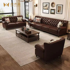 طقم أثاث غرفة المعيشة الأوروبي بتصميم أمريكي كلاسيكي من الجلد، أريكة Chernsfield مربعة بصف مستقيم وسحاب - Product Image 1