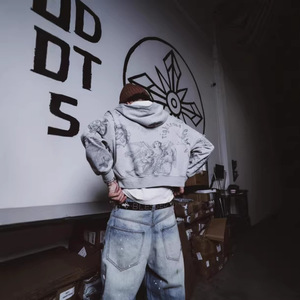 เสื้อฮู้ดซิปผ้าฝ้ายวินเทจแบบสั่งทำพิเศษทรงโอเวอร์ไซส์สำหรับผู้ชาย พิมพ์ลายทั่วตัว สไตล์สตรีทแวร์ - Product Image 4