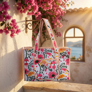 Bolso de Playa Bohemio Acolchado con Estampado a Mano, Estilo Riviera, para Mujer, Color Sólido, Cierre Abierto, Tela de Algodón - Product Image 1