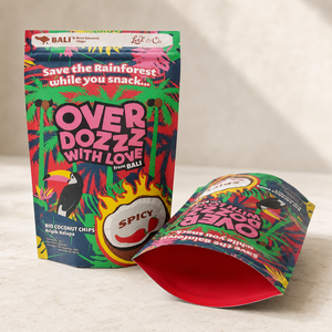Bolsa de Embalaje de Alimentos con Forro de Aluminio, Diseño de Selva de <span class=keywords><strong>Bali</strong></span> <span class=keywords><strong>a</strong></span> Todo Color, Mate, con Base, para Chips de Coco Crujiente - Product Image 1