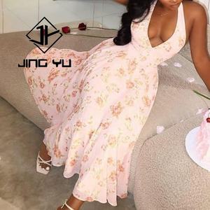 เดรสลำลองผ้าเรยอนวอยล์ลายดอกไม้คุณภาพสูงสำหรับผู้หญิงช่วงฤดูร้อน คอวีลึกแบบผูกคอ สั่งตัดได้ ผ้าเรยอน 100% - Product Image 3