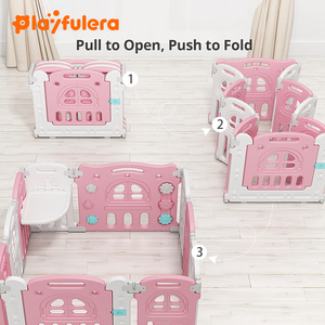 <span class=keywords><strong>Corralito</strong></span> para Niños, Diseño de Castillo con Puerta y Base de Fijación, Fácil de Montar, Plegable, Plástico Ecológico, Verde/Rosa/Gris - Product Image 3