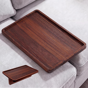 Solid Acacia Wood Sofa Arm Tray <strong>Foldable</strong> Clip-On <strong>Couch</strong> Armrest <strong>Table</strong> Dark Walnut Finish Raised Rim 15.9x10in Side <strong>Table</strong> - Product Image 1