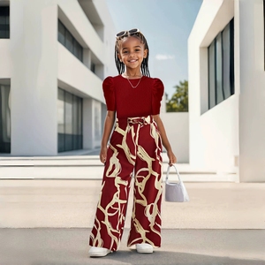 Conjunto Infantil Estilo Coreano de 2 Piezas, Top Moderno con Mangas Abullonadas + Pantalones Anchos Florales, Trajes Casuales para Niñas - Product Image 3