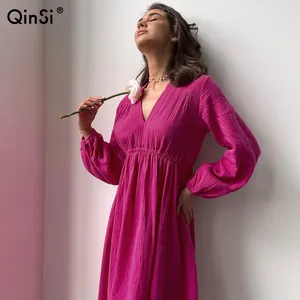 QINSI 2024 Fashion New Arrival Spring Summer Cotton Crepe Homewear Long Sleeved Knee Length Nightdress For Women