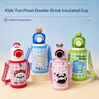 Bouteille Thermique en Acier Inoxydable 3D Peluche Dessin Animé pour Enfants 500ml avec Couvercle à Ouverture Rapide, Paille Double Usage et Conception à Boire Directement, Sangle Portable