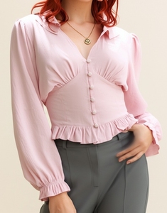 Wholesale Pink Visco/Nylon Blouse with <b>Balloon</b> Sleeves Ruffles Crop Top Women's Casual Simple Regular Fit - Product Image 1