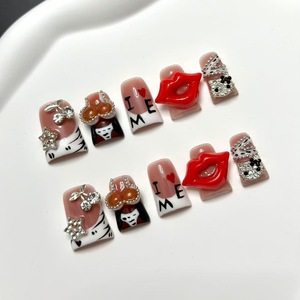 Uñas Postizas Hechas a Mano con Diseño de Pico de Pato, Labios Rojos Pintados a Mano en 3D, Punta Francesa, Reutilizables, Cobertura Completa, Venta al Por Mayor - Product Image 2