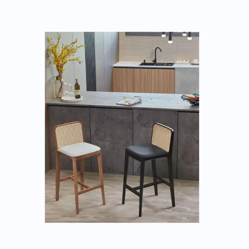 Designer Cadeira De Jantar Com Pernas De Madeira Preto Cadeiras De Jantar Feitas De Couro Genuíno e Madeira Maciça Rattan Bar Stools