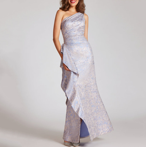 Abito <span class=keywords><strong>da</strong></span> Sera Metallizzato Lavanda per Donna Monospalla con Volant Drappeggio Frontale Spacco Aderente Formale per Feste e Cerimonie - Product Image 3