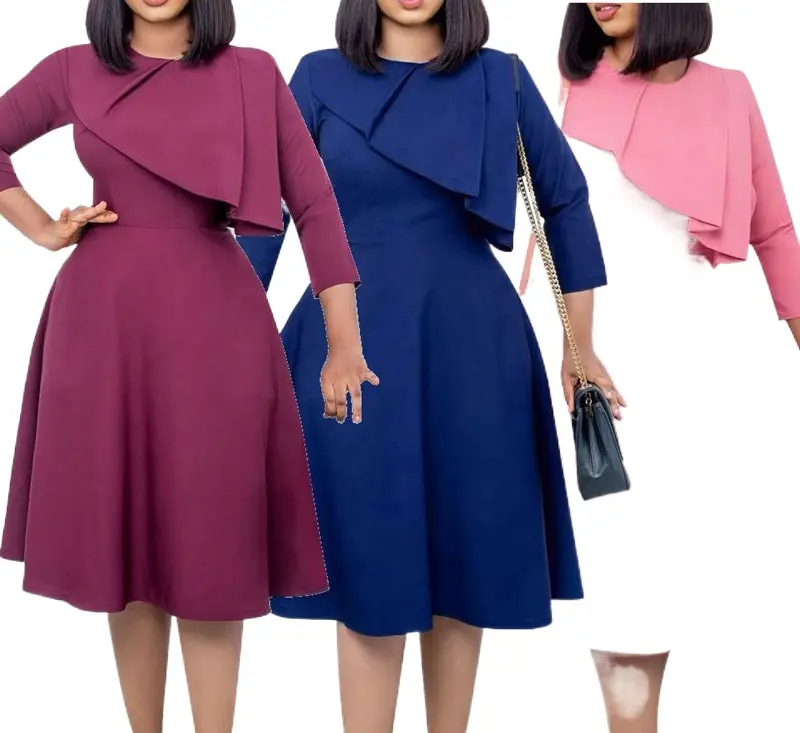 Y207073 plus size women clothing office dress elegant midi dress solid color long sleeve ladies career dresses