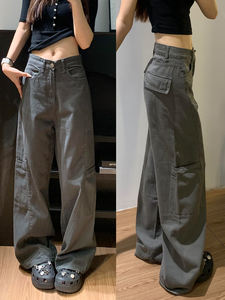 <span class=keywords><strong>Pantaloni</strong></span> <span class=keywords><strong>Cargo</strong></span> larghi grigio retrò americano da <span class=keywords><strong>donna</strong></span> a vita media con cerniera Casual nuovo stile autunnale Plus Size ampia Fit - Product Image 3