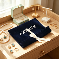 Kantong Kemasan Perhiasan Kalung Gelang dari Suede Lembut Biru Tua Ukuran 12*9cm dengan Pita