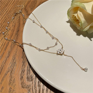 Collar de Perlas de Imitación con Borlas Multicapa y Colgante de Flor Sencillo para Mujer, Joyería de Moda para Fiesta, Cadena para Clavícula - Product Image 5