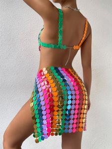 Hot Selling Night Club Colorful <strong>Sequin</strong> <strong>Mesh</strong> Two Piece Sets Tank <strong>Top</strong> Slip Dress - Product Image 5