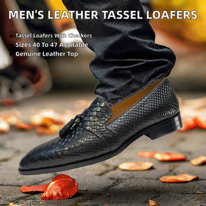 Men's Genuine Leather Tassel Loafers Slip-on Oxford <b>Shoes</b> Pointed Toe Checkered Pattern Large Size 40-47 - Product Image 2
