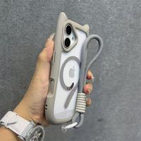 Coque de téléphone magnétique transparente antichoc avec oreilles de chat et cordon pour iPhone 11 12 13 14 15 16 17 Pro Max