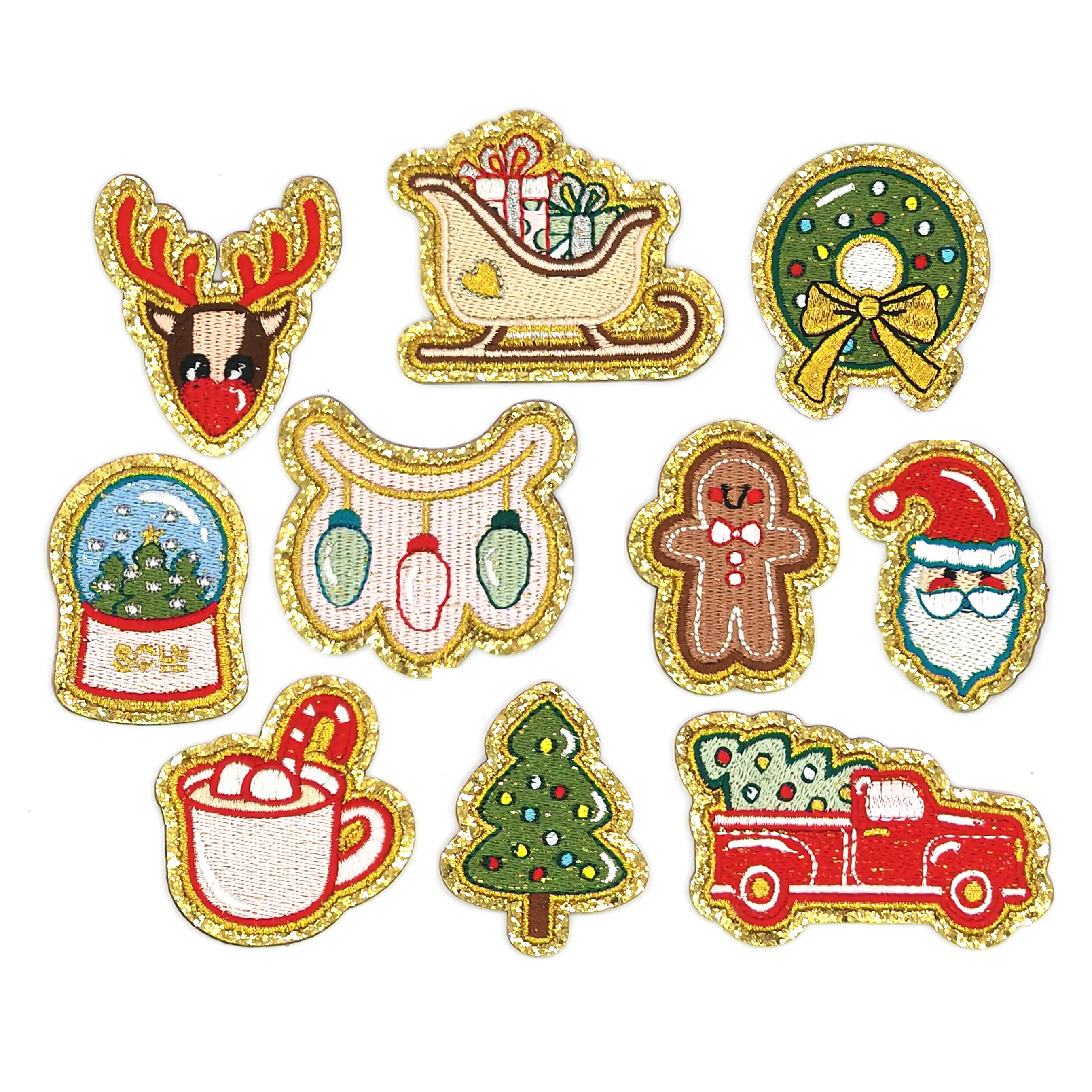 High Quality Trendy Self-Adhesive Embroidery Santa Stick-On Glitter Embroidered Decoration Christmas Patch