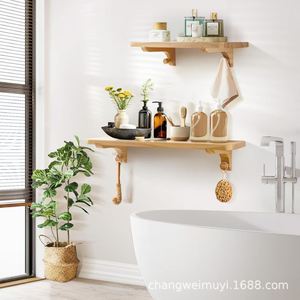 Solid Wood <b>Wall</b> <b>Shelf</b> 2 Tier Rectangle Durable <b>Wall</b> <b>Mounted</b> Living Room Storage Rack - Product Image 3