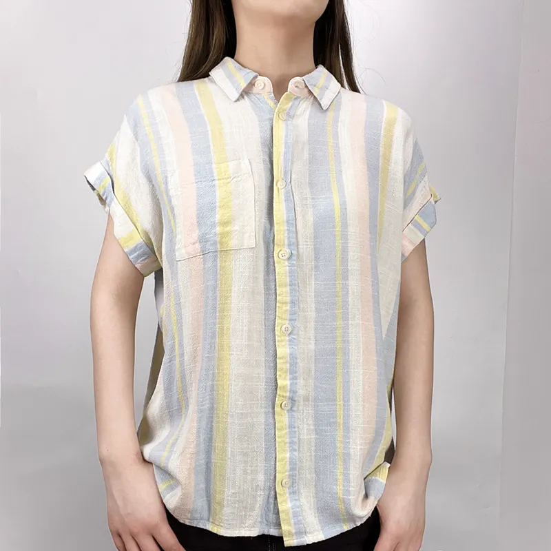 2022 Nieuwe Collectie Vrouwen Oversized Gestreepte Shirt Korte Mouwen Dichtgeknoopt Manchetten Tops Oversized Fit Custom 100% Rayon Casual Shirt