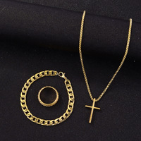 Ensemble de bijoux fins plaqué or 18 carats avec pendentif croix, bracelet et bague, style hip-hop unisexe, idéal pour les fêtes ou comme cadeau