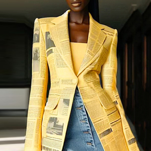 Cappotto Autunnale da Donna in Poliestere Intrecciato, Stile Vintage Casual, Maniche Lunghe, Scollo a V, Bottoni, Stampa Giornale - Product Image 3