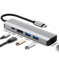 Base de Conexión USB Portátil de 5 Puertos con USB 3.0 + USB 2.0 + HDTV + RJ45 + PD y Adaptador Hub 5 en 1 Tipo-C, Hub USB 3.0 para Laptop