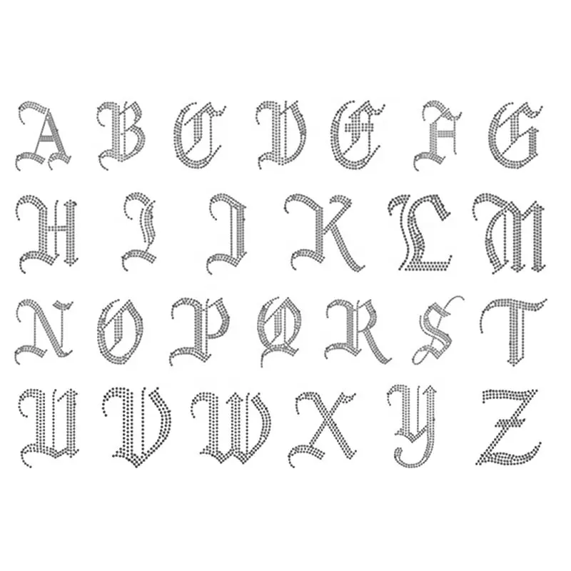 New Custom Molto Bling Sparkle Old English Carattere Lettera Alfabeto A-Z Strass Trasferimento Strass Motivo di Design Per Gli Indumenti