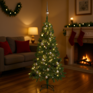 Árbol de Navidad Artificial Preiluminado de 59.1 Pulgadas, Verde Grisáceo, con Bolas, Piñas y Luces Blancas Cálidas, Base para Interior - Product Image 2