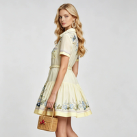 Robe trapèze personnalisée grande taille en coton et lin, imprimée, à col chemise, manches courtes et taille cintrée pour femme