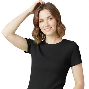 Women <b>Black</b> Ribbed Crew Neck Short Sleeve T-Shirt Breathable Quick Dry Seamless Spandex Polyester Skinny Solid Color for Adults - Product Image 1