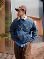 Blouson Bomber Vintage Detroit Workwear J97 Style Américain Décontracté Ample en Jean Col Rabattu Simple Boutonnage Avant Enduit Automne