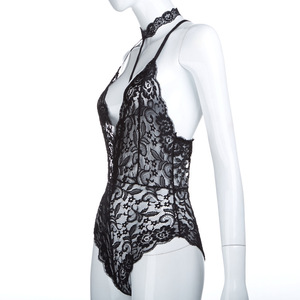 Body de encaje para mujer, color gris, elástico, con cuello en V profundo, estilo choker, ropa de dormir de una pieza para mujer - Product Image 5