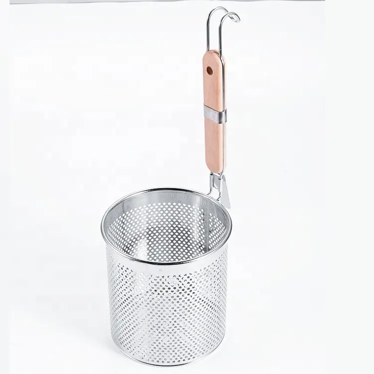 Nhà Bếp Rau Thép Không Gỉ Lọc Pasta Pot Strainer Noodle Strainer Với Tay Cầm Bằng Gỗ