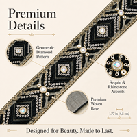 Bordure géométrique brodée Or Noir 4,5 cm de large avec sequins et strass pour robes, costumes, travaux manuels de couture et accessoires de décoration