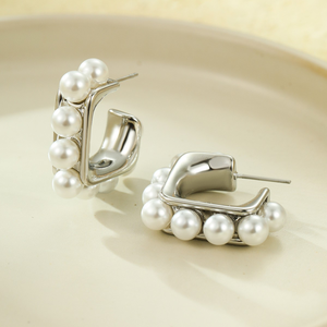 Pendientes de acero inoxidable con diseño de flor, estilo retro francés, versátiles, con perlas, un diseño único y minimalista. - Product Image 5